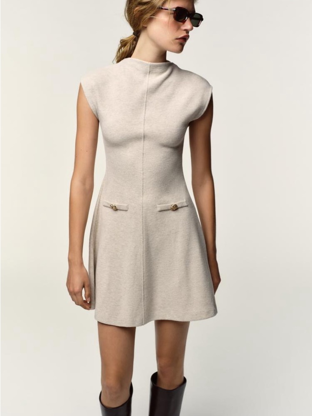 Zara Knit Sleeveless Shift Dress with Gold Button Detail - Size M